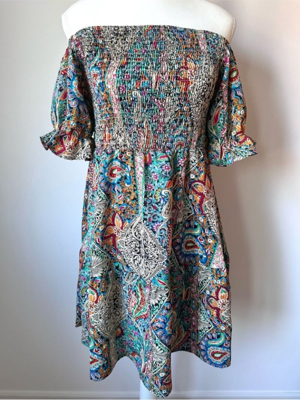Bohemian Paisley Puff Sleeve Multi-Colour Summer Smocked Mini Dress - L - Picture 2 of 13
